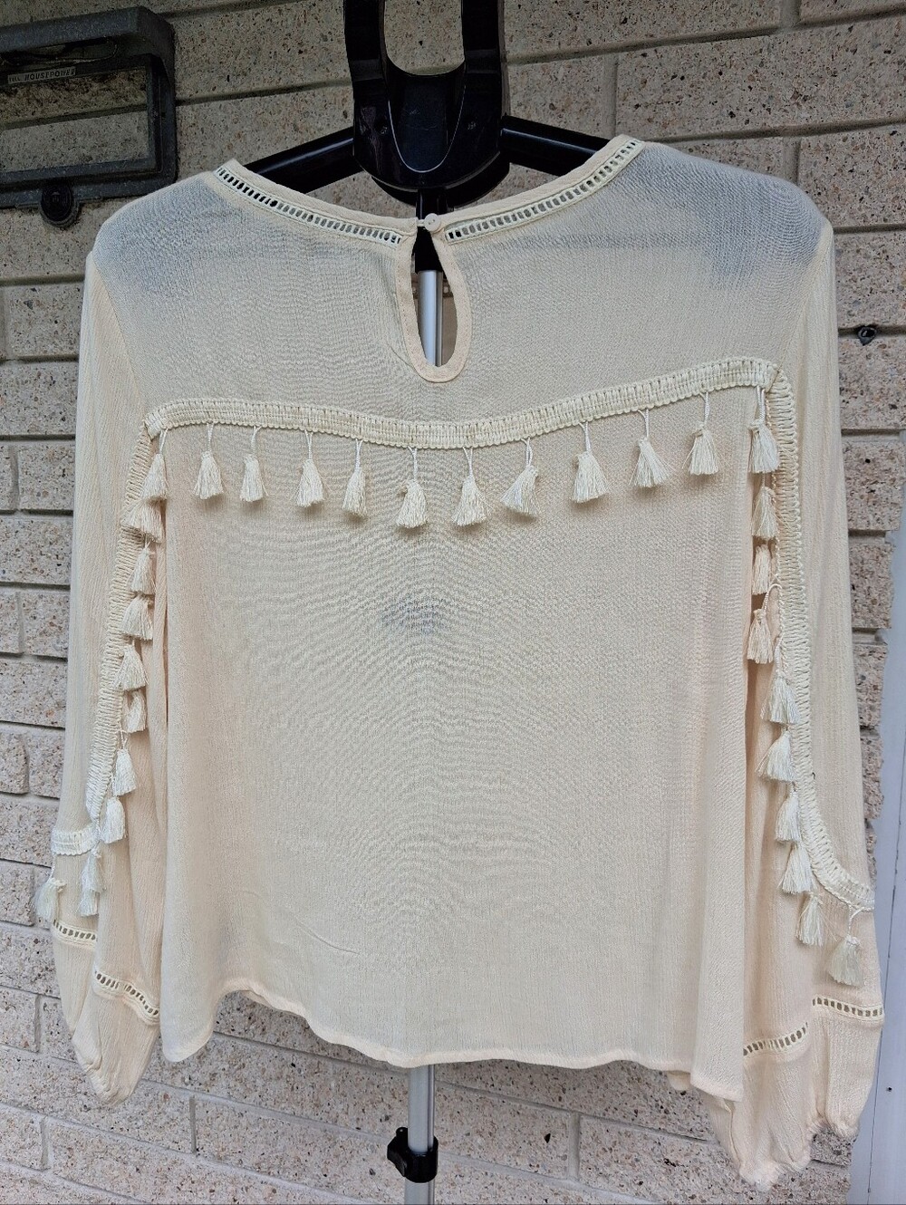 Womens Blouse Cream Tassel Detail Long Sleeve Top - Picture 5 of 8